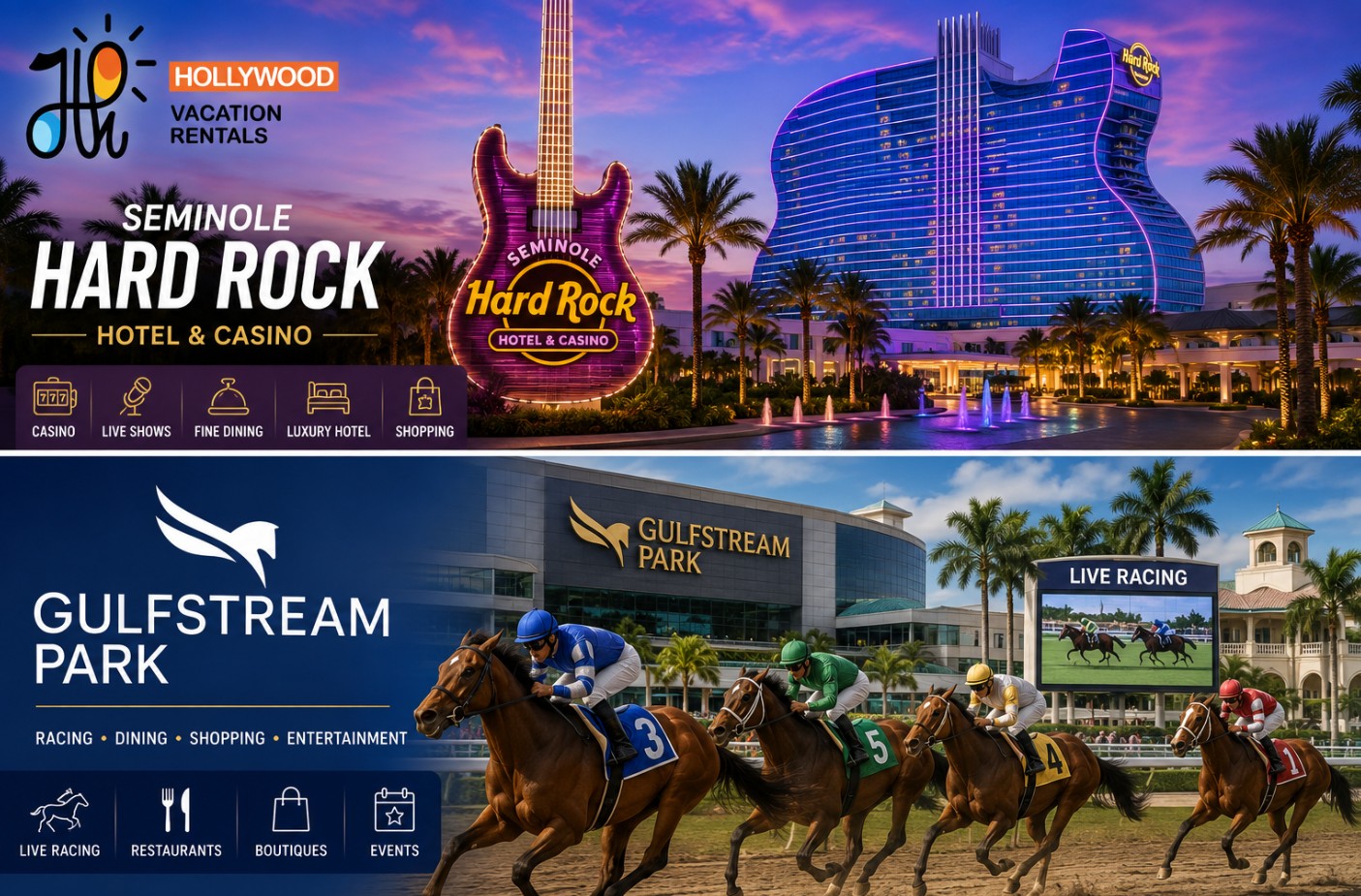 Seminole Hard Rock Hotel & Casino and Gulfstream Park attractions near Hollywood Beach for South Florida vacation travelers