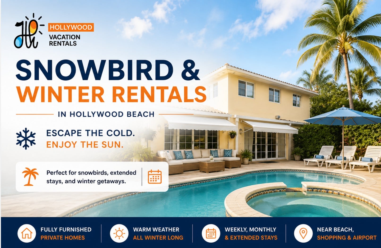Snowbird and winter rental vacation home with private heated pool in Hollywood Beach, Florida