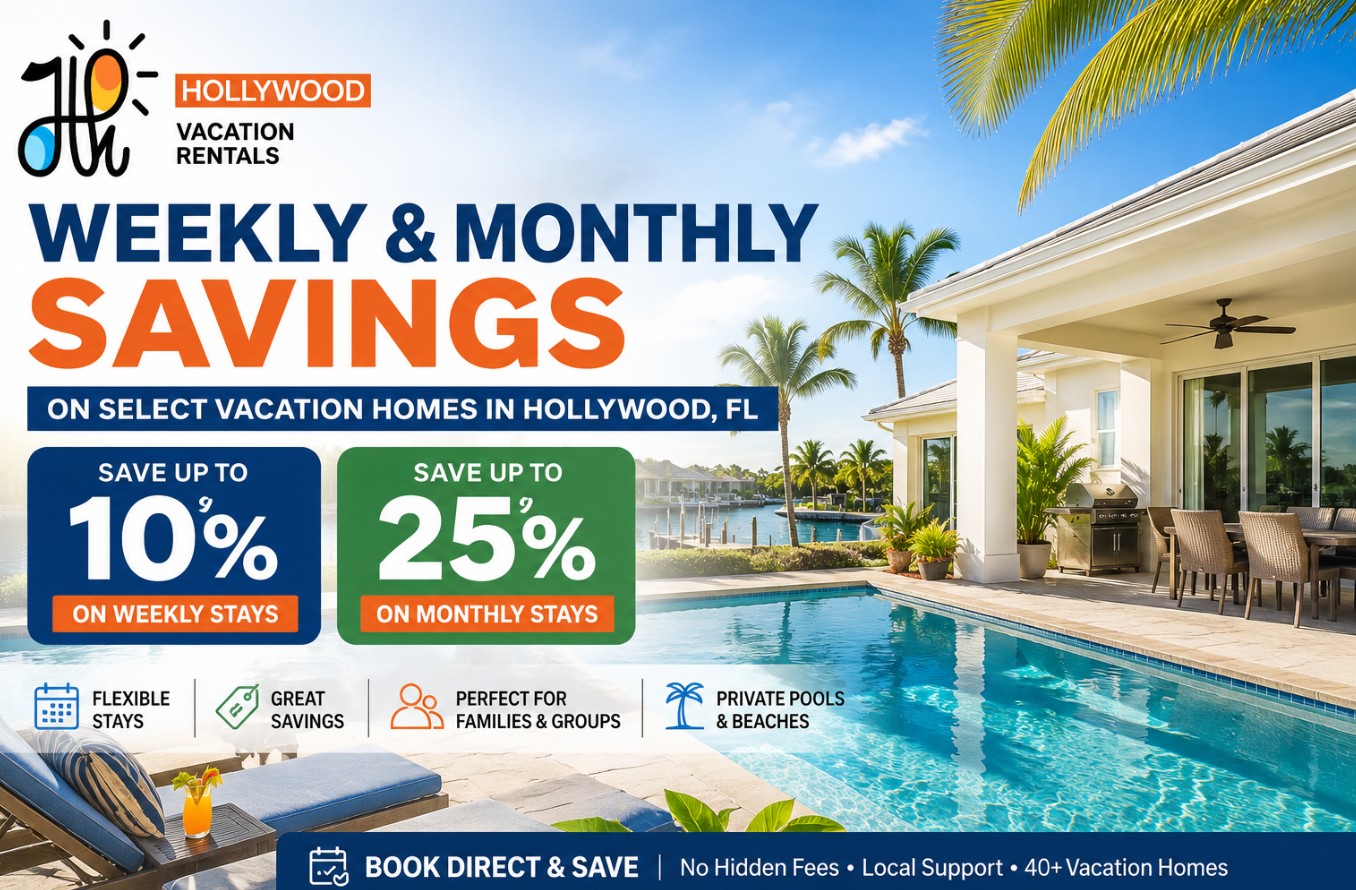 Weekly and monthly savings on vacation homes in Hollywood, Florida with private pool rentals and direct booking