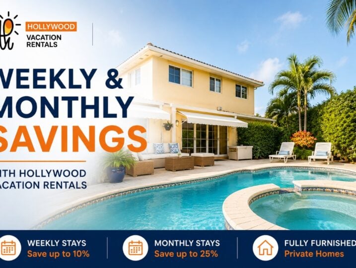 Weekly and monthly savings on furnished vacation rentals in Hollywood Beach with private heated pool homes