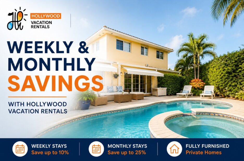 Weekly and monthly savings on furnished vacation rentals in Hollywood Beach with private heated pool homes