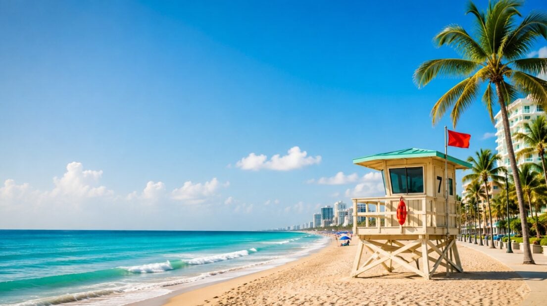 Hollywood Beach, Florida with lifeguard tower and beach safety flag