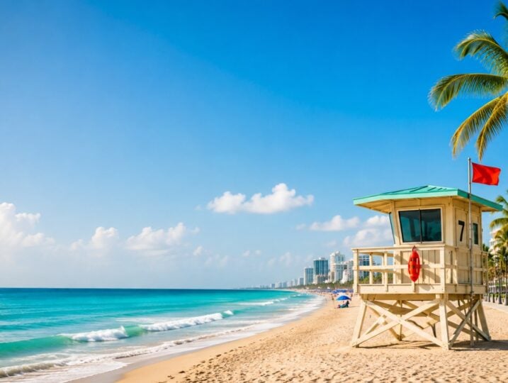 Hollywood Beach, Florida with lifeguard tower and beach safety flag