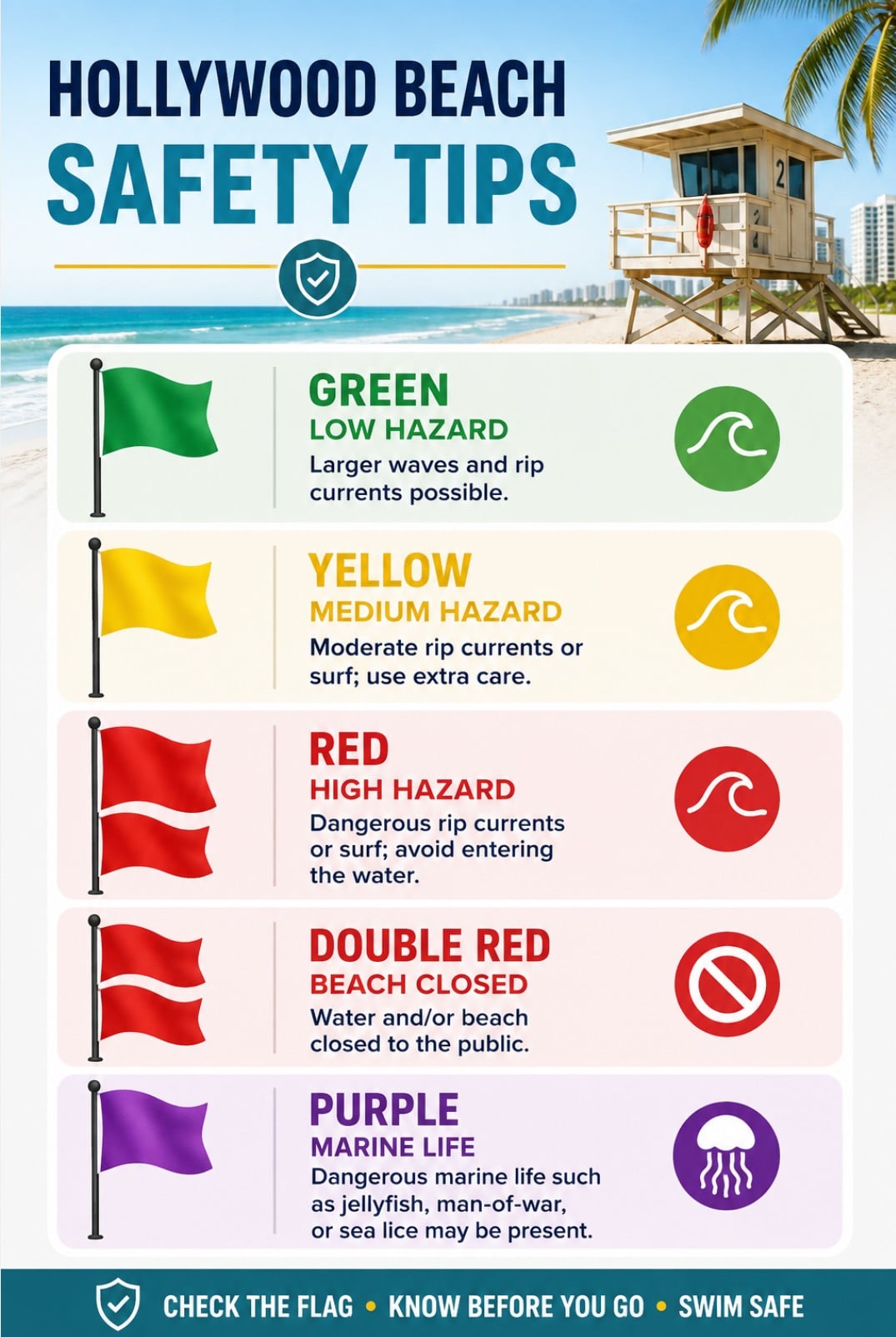Hollywood Beach safety flag meanings for swimming in Florida