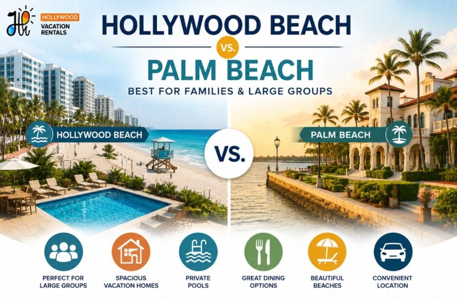 Alt Text: Hollywood Beach vs. Palm Beach, Florida for families and large groups
