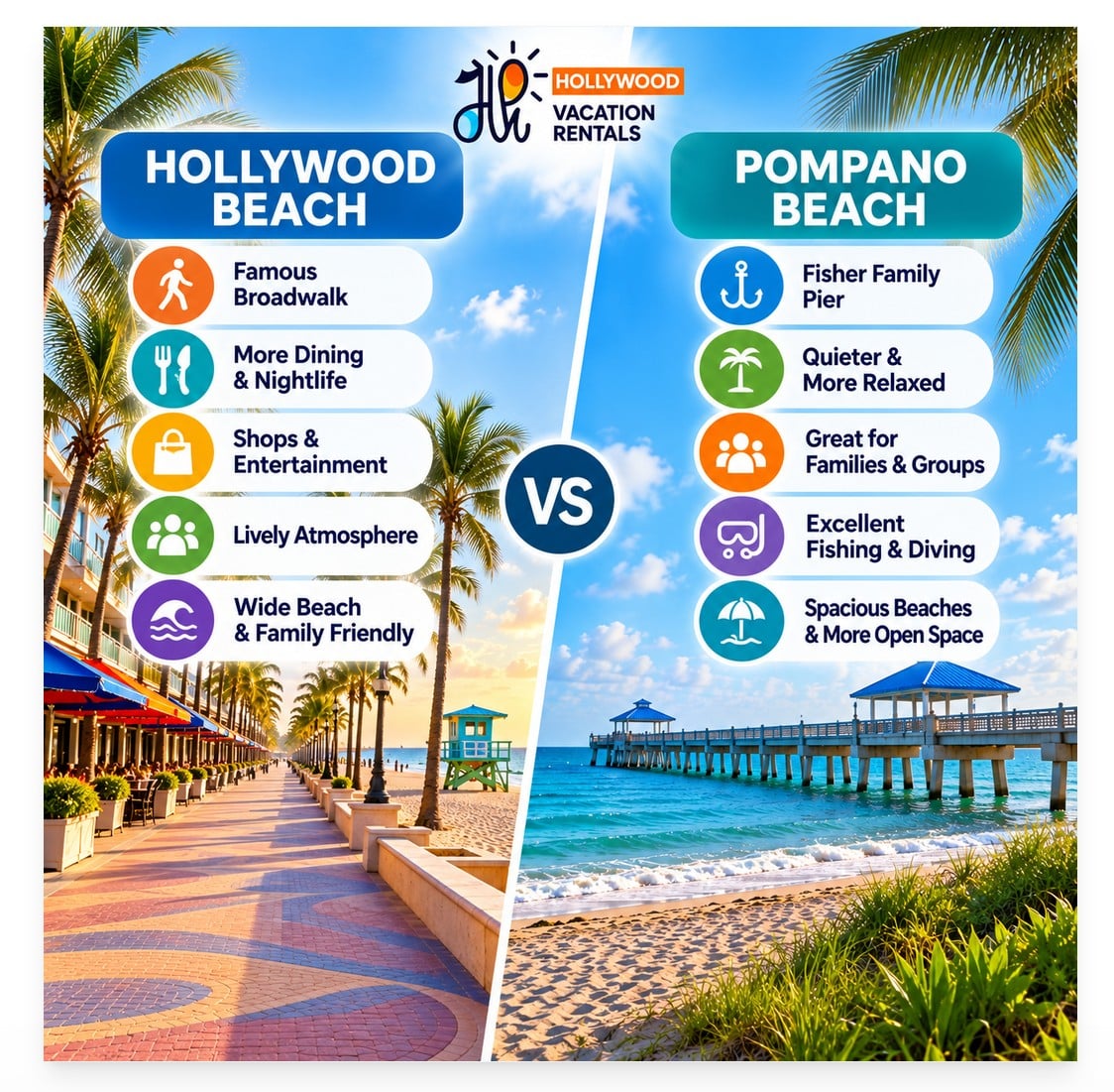 Hollywood Beach vs. Pompano Beach, Florida comparison for families and large groups